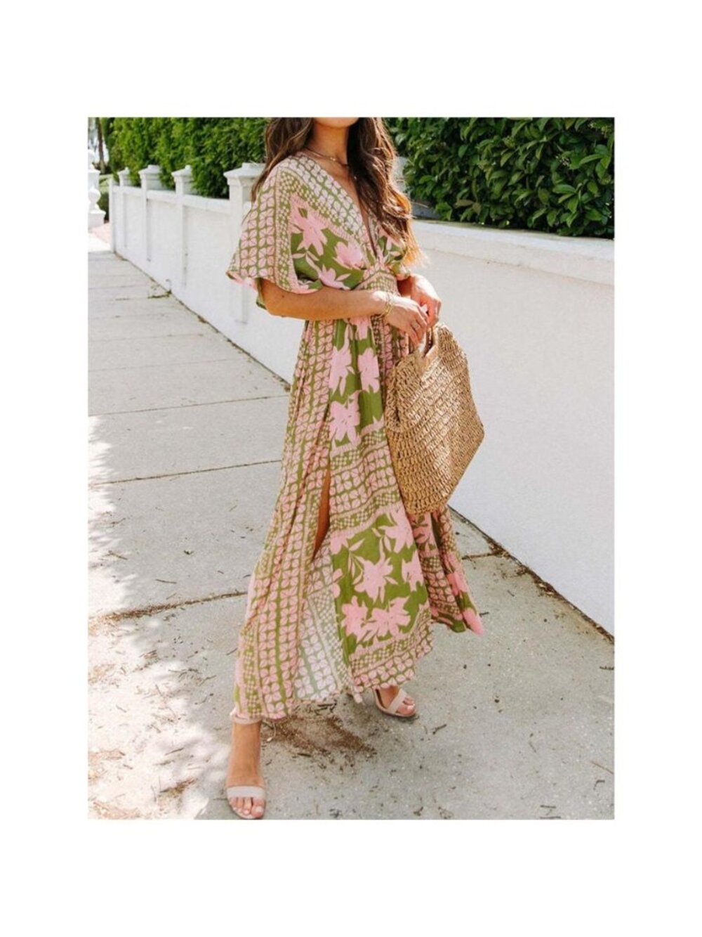 Floral Print V-Neck High Slit Maxi Dress
